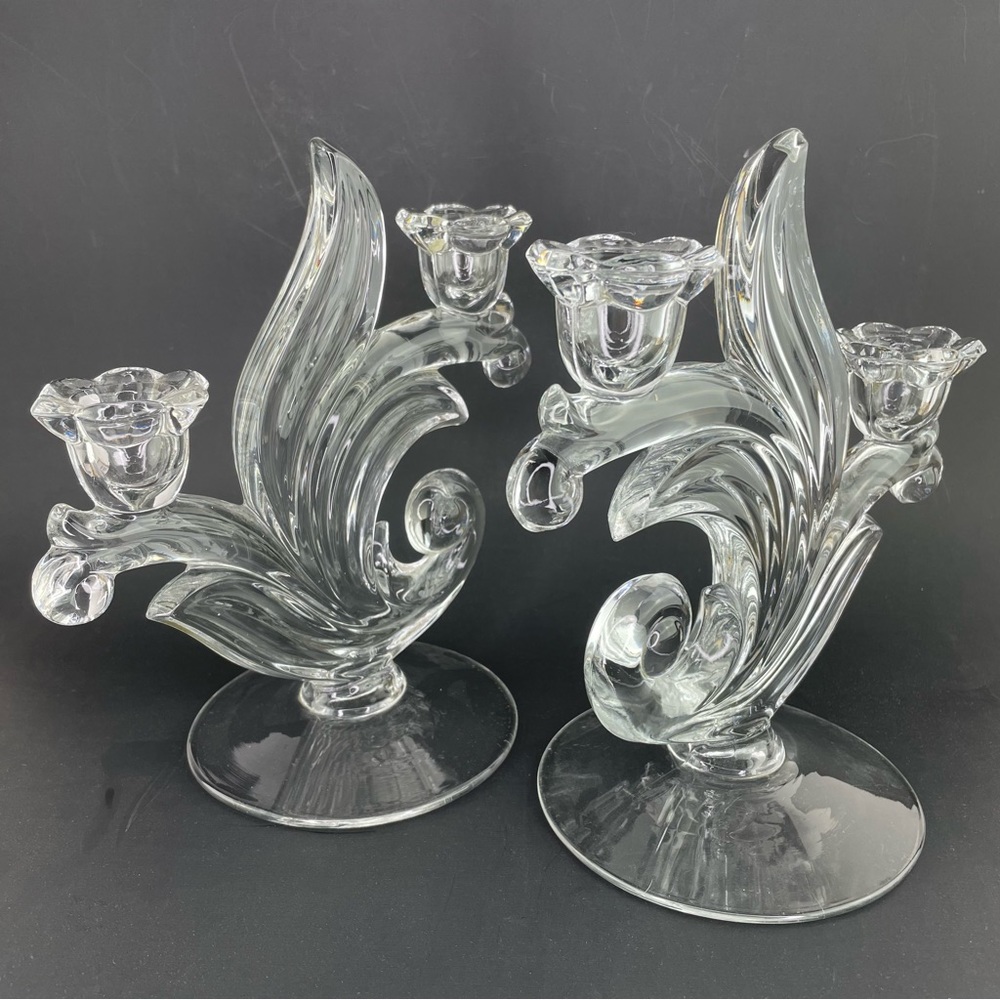 Pair of Crystal Candleholders - Duncan and Miller - Vintage Canterbury Pattern
